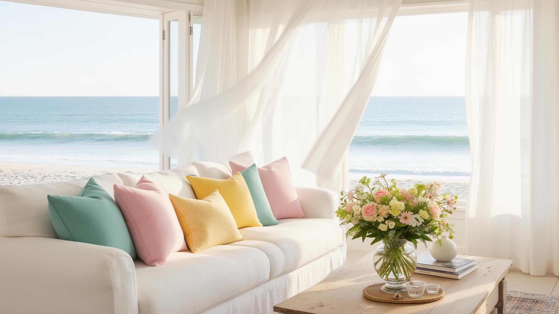 Beachy clean coastal living room with ocean view